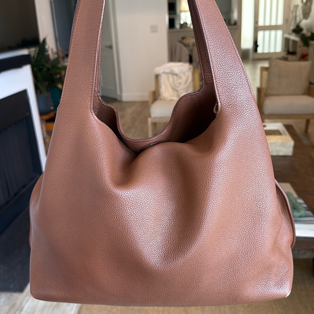 THE ROW brown pebbled leather gold stud minimal hobo tote bag